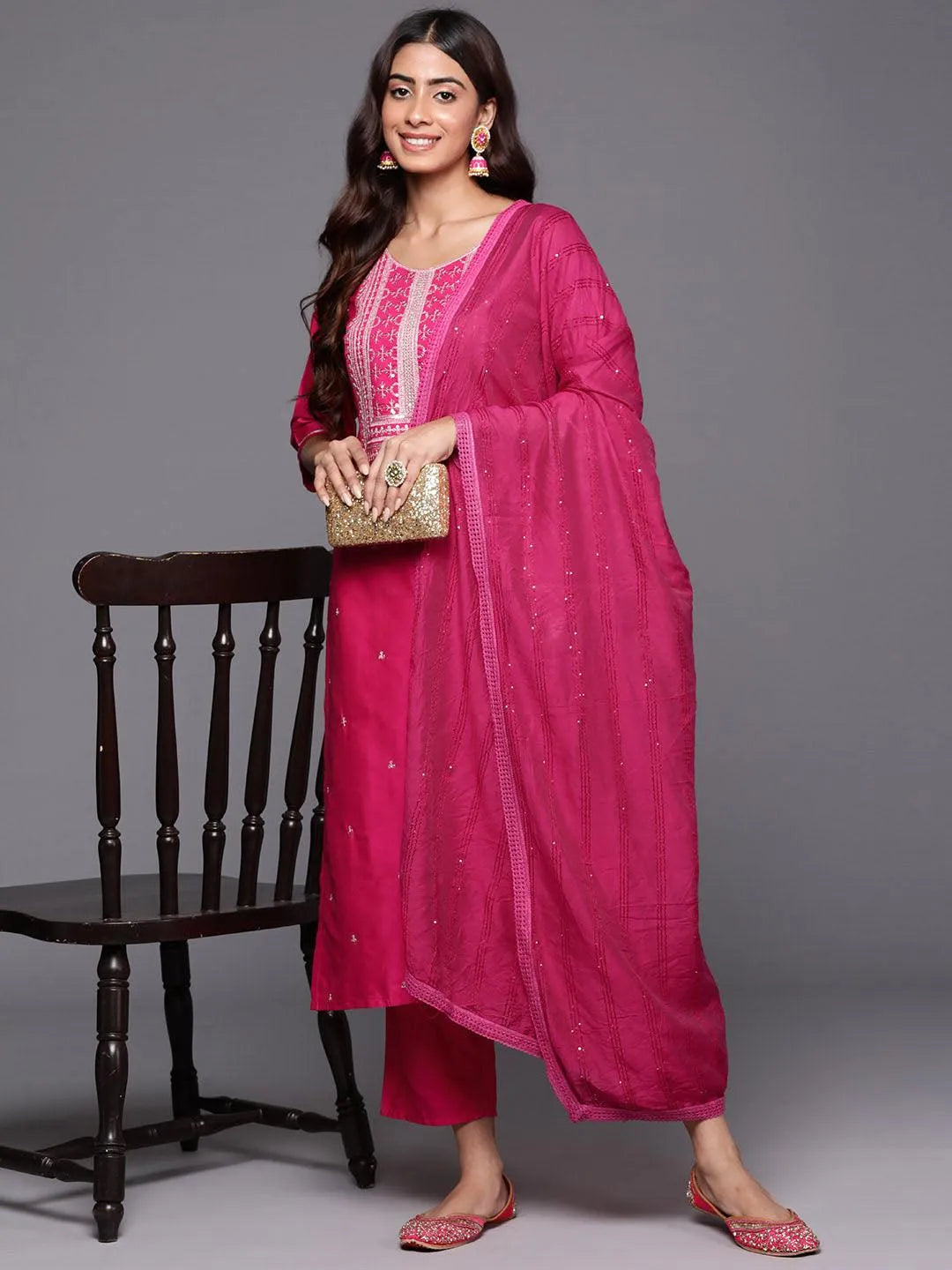 Anouk Pink Yoke Design Silk Blend Straight Suit With Dupatta