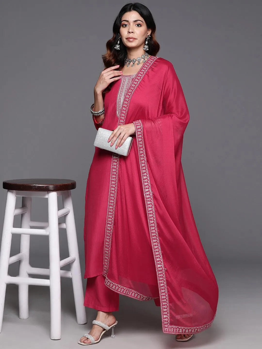 Anouk Pink Yoke Design Silk Blend Straight Suit With Dupatta