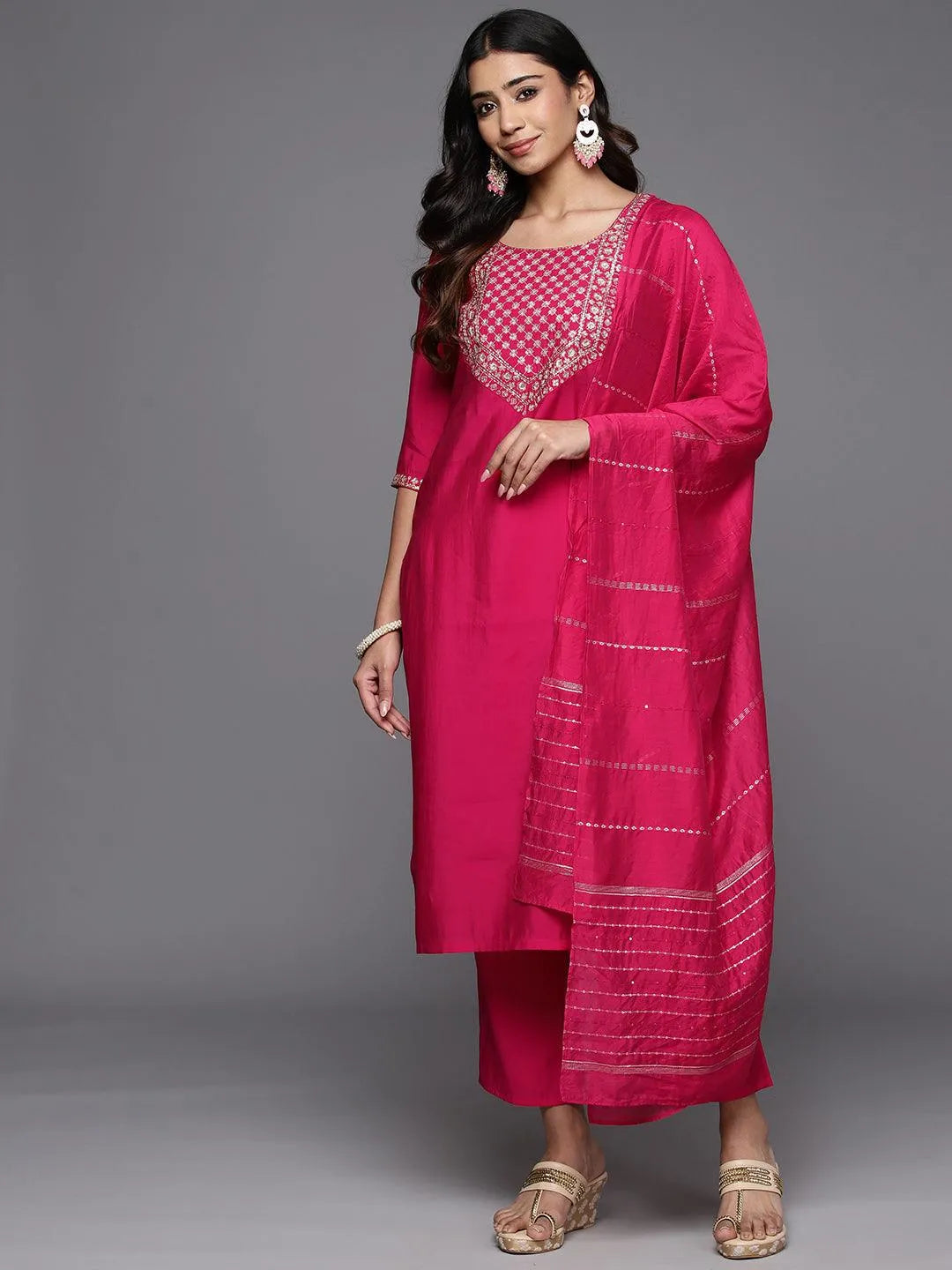 Anouk Pink Yoke Design Silk Blend Straight Suit With Dupatta