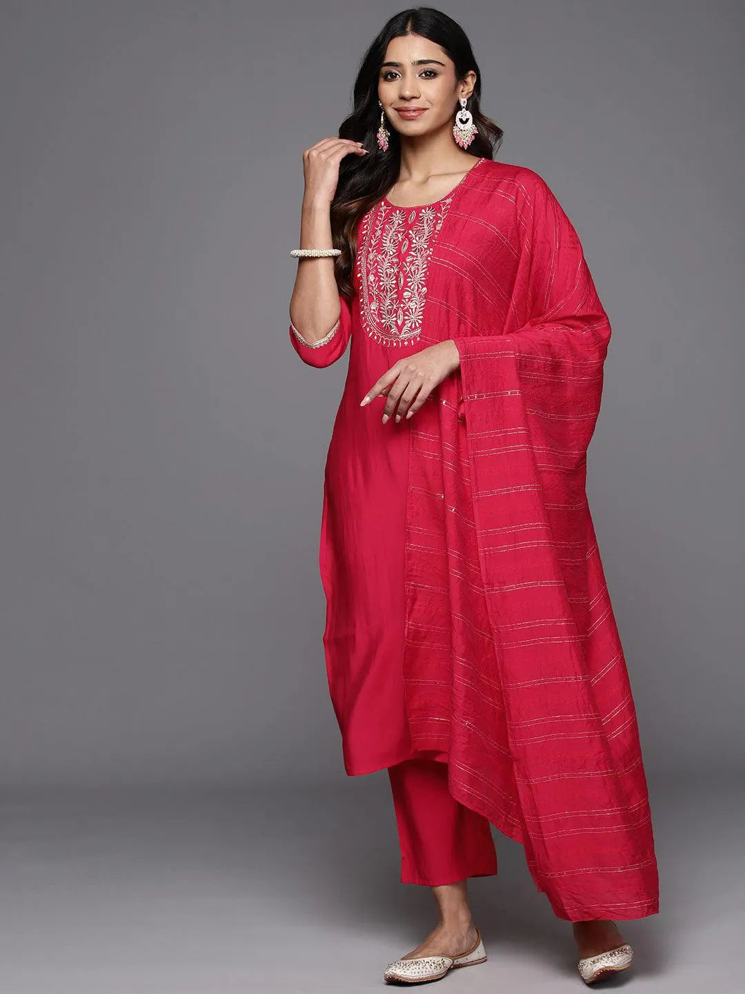 Anouk Pink Yoke Design Silk Blend Straight Suit With Dupatta