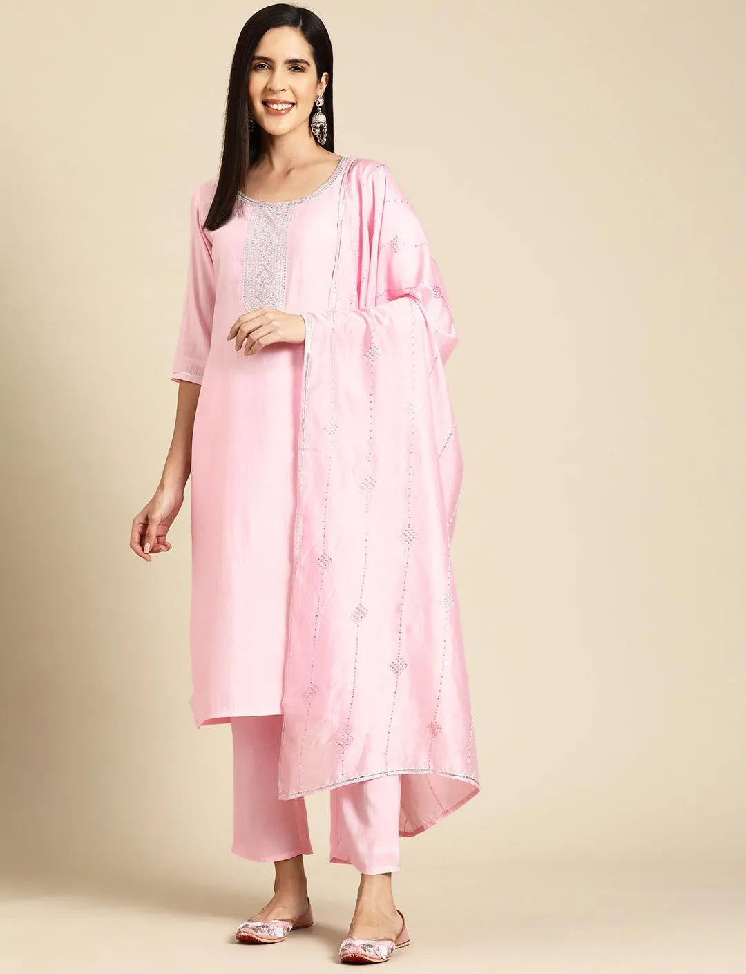 Anouk Pink Yoke Design Silk Blend Straight Suit With Dupatta