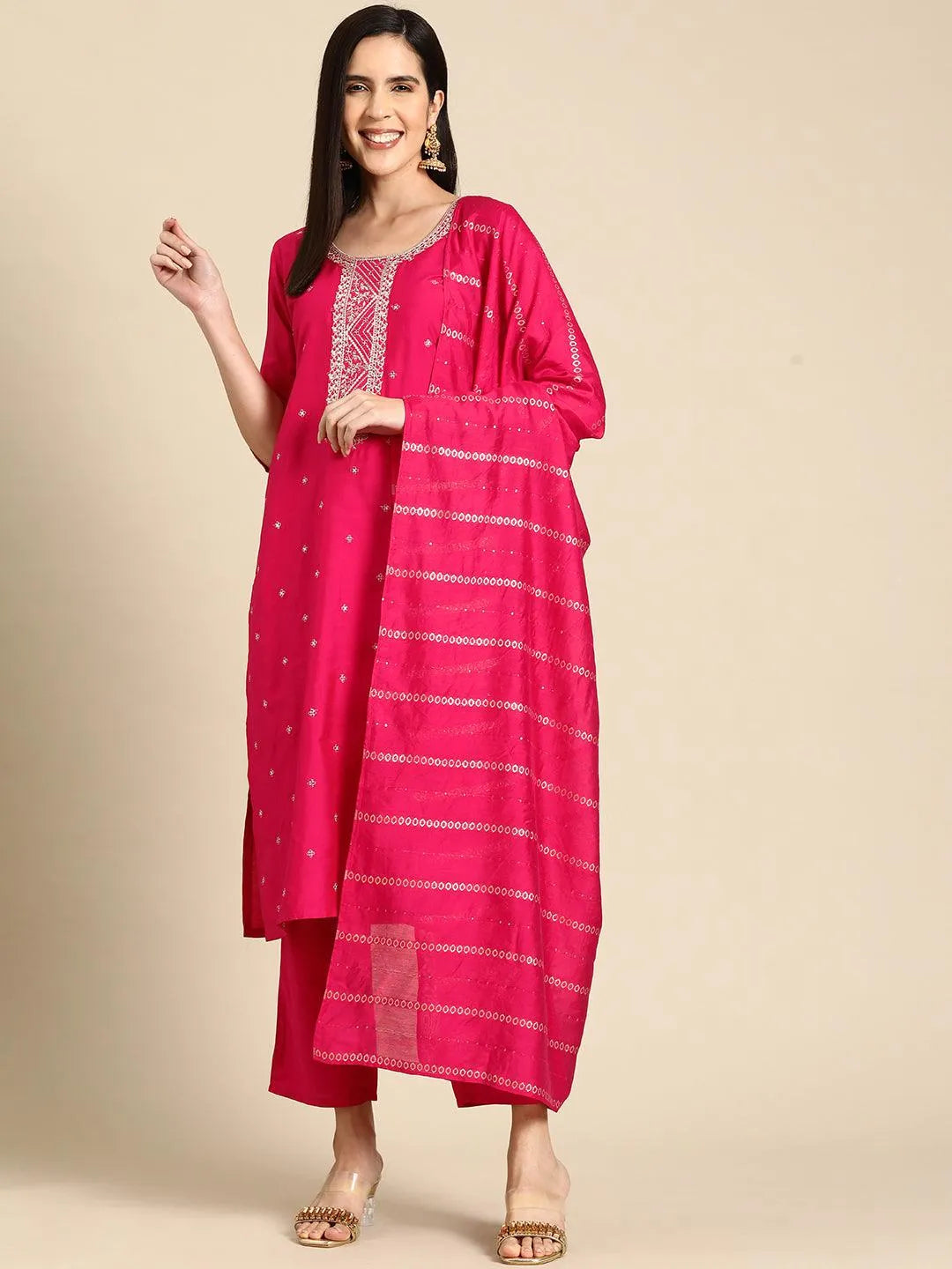 Anouk Pink Yoke Design Silk Blend Straight Suit With Dupatta