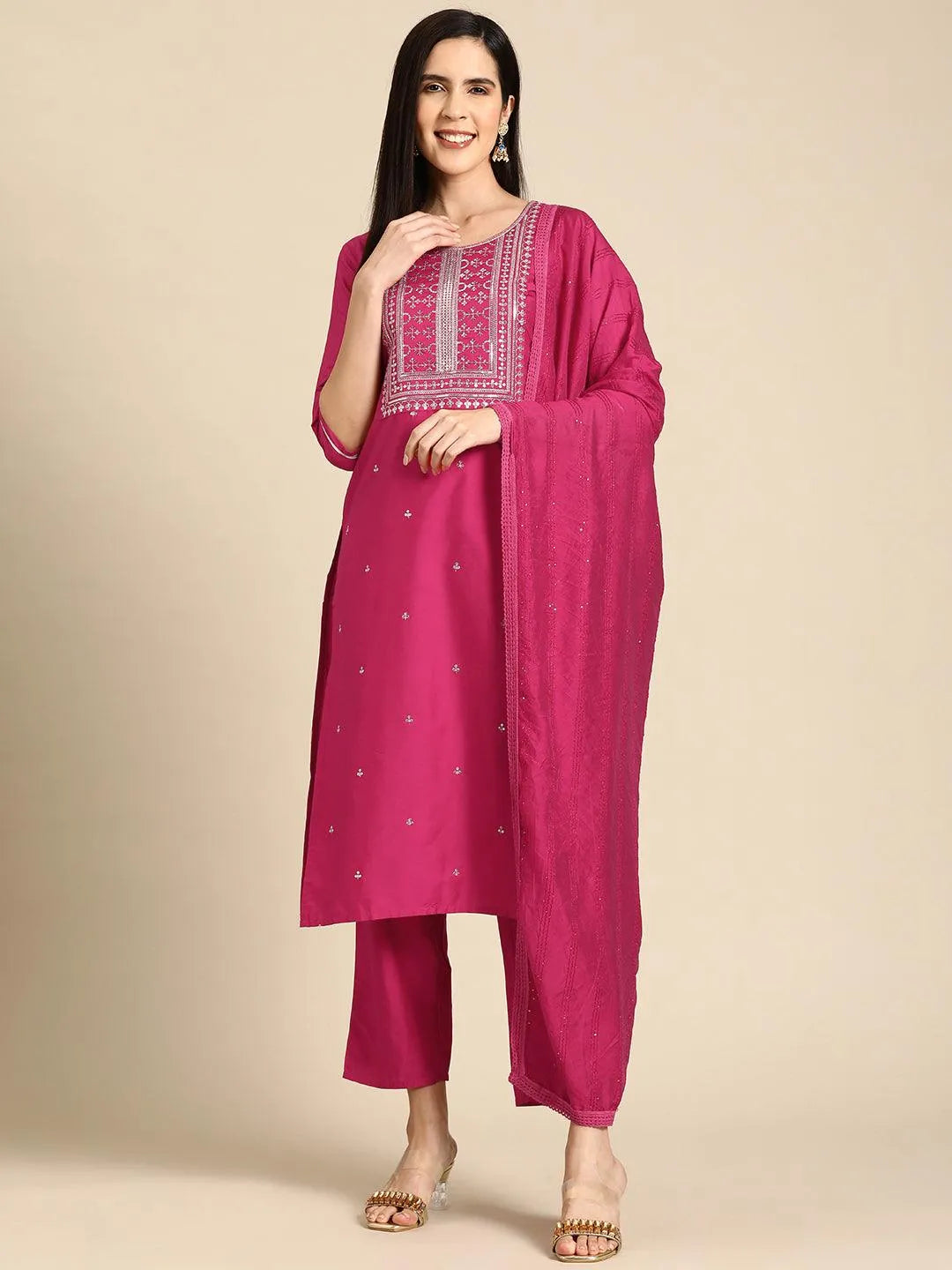 Anouk Pink Yoke Design Silk Blend Straight Suit With Dupatta