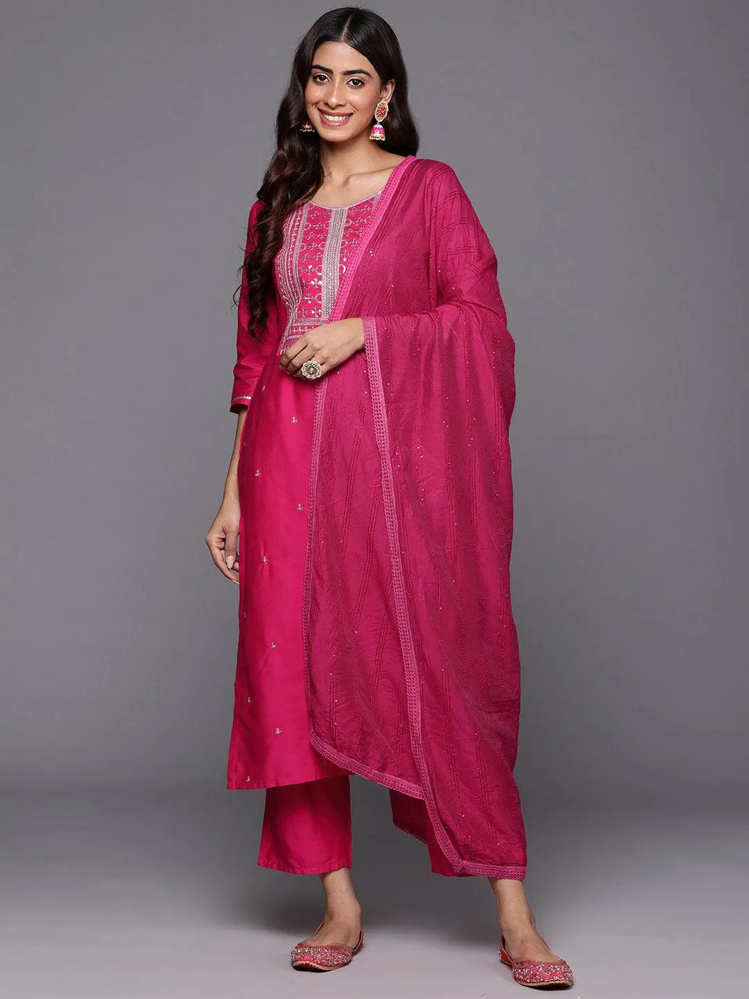 Anouk Pink Yoke Design Silk Blend Straight Suit With Dupatta