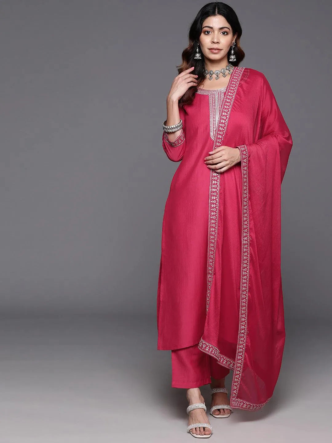 Anouk Pink Yoke Design Silk Blend Straight Suit With Dupatta