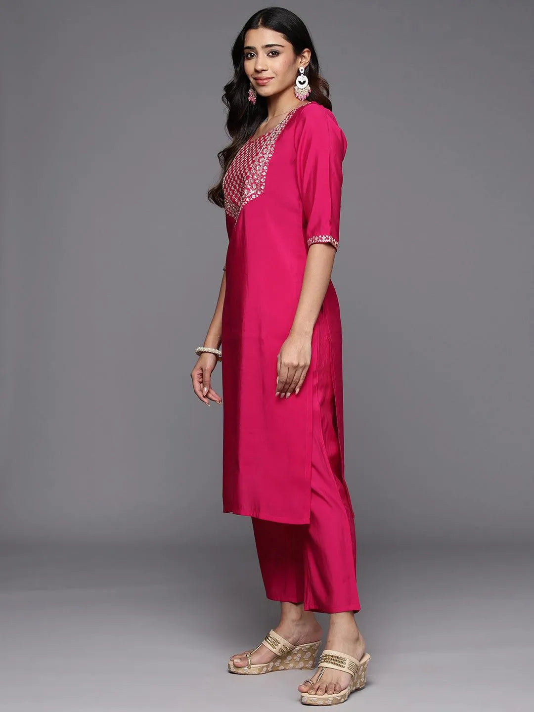 Anouk Pink Yoke Design Silk Blend Straight Suit With Dupatta