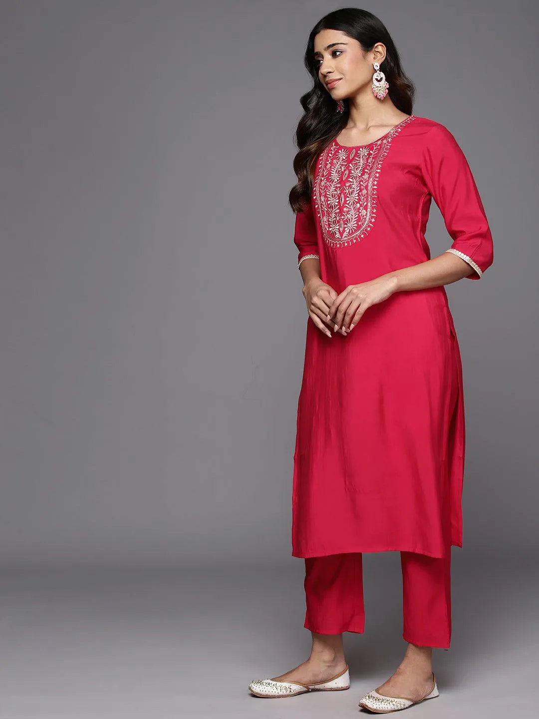 Anouk Pink Yoke Design Silk Blend Straight Suit With Dupatta