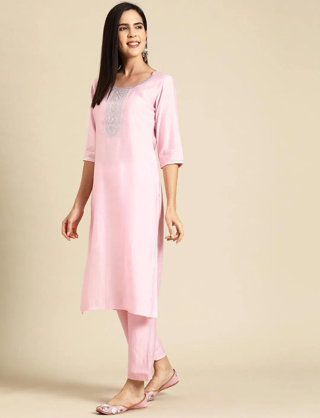 Anouk Pink Yoke Design Silk Blend Straight Suit With Dupatta