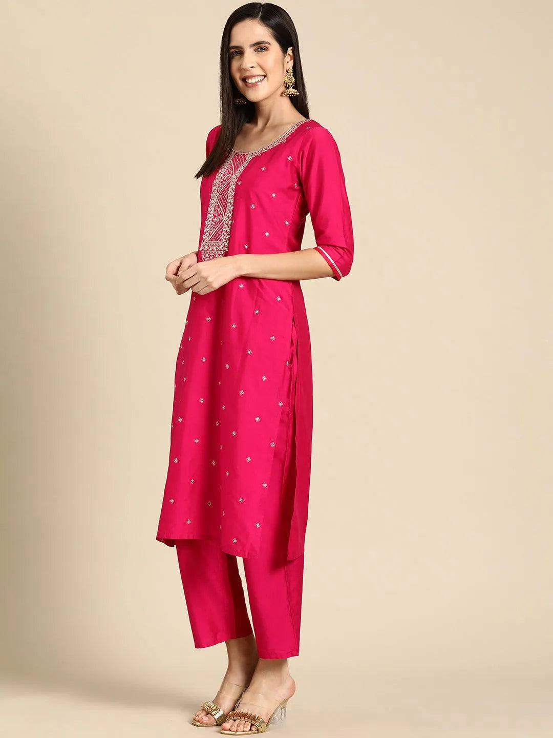 Anouk Pink Yoke Design Silk Blend Straight Suit With Dupatta