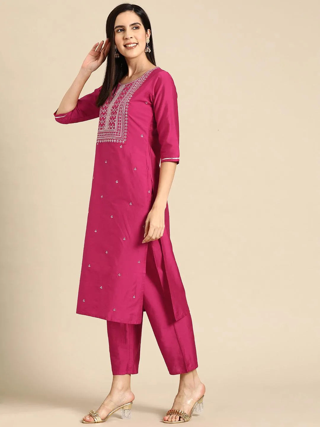 Anouk Pink Yoke Design Silk Blend Straight Suit With Dupatta