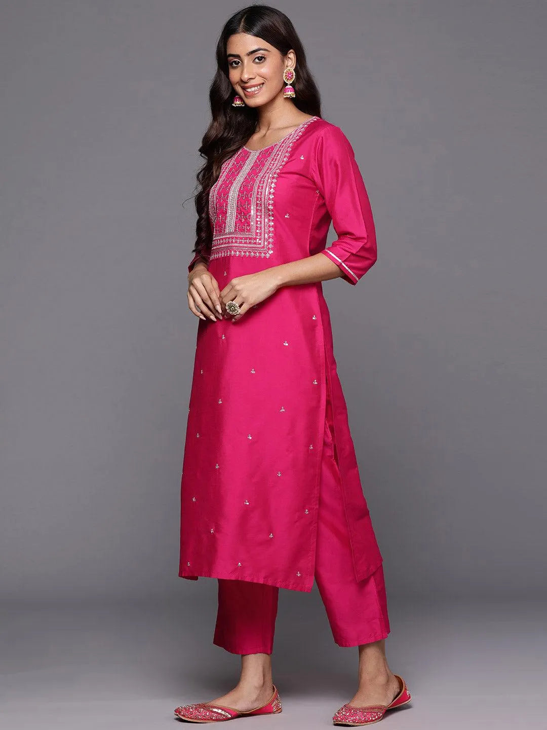 Anouk Pink Yoke Design Silk Blend Straight Suit With Dupatta
