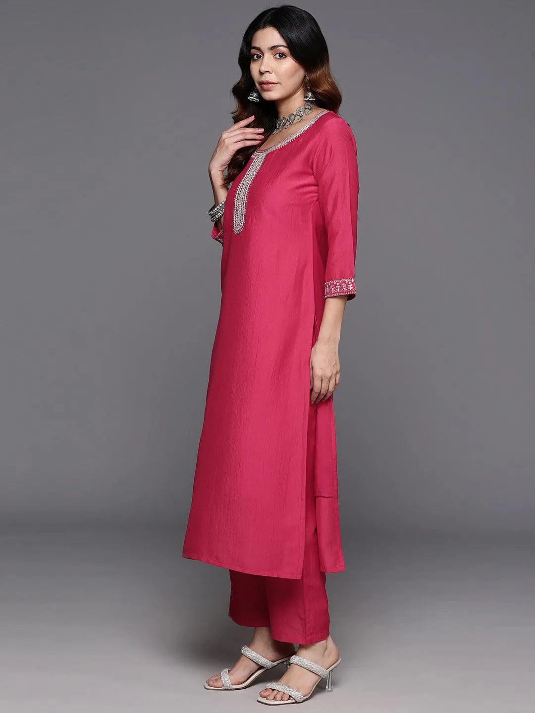 Anouk Pink Yoke Design Silk Blend Straight Suit With Dupatta