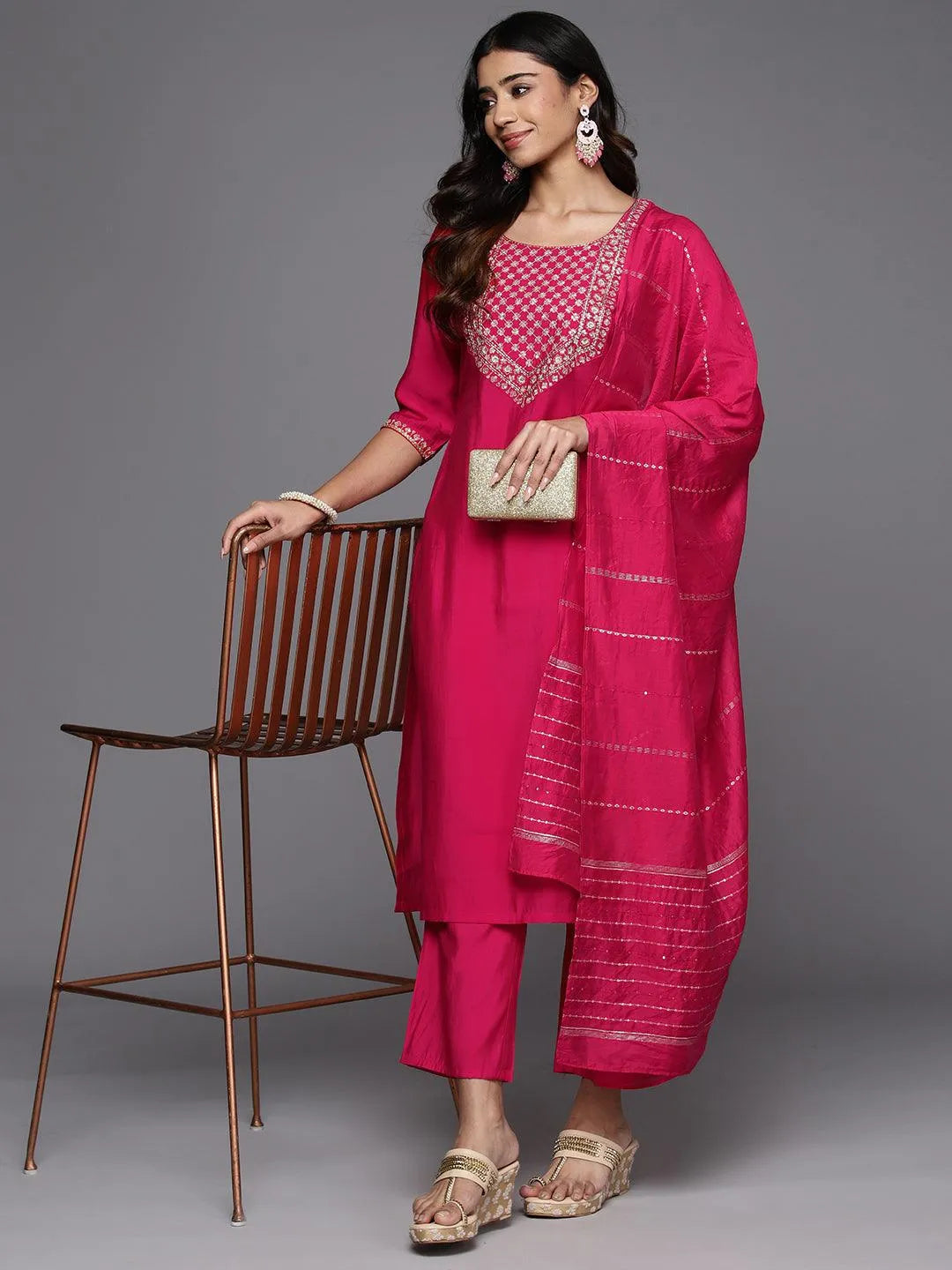 Anouk Pink Yoke Design Silk Blend Straight Suit With Dupatta