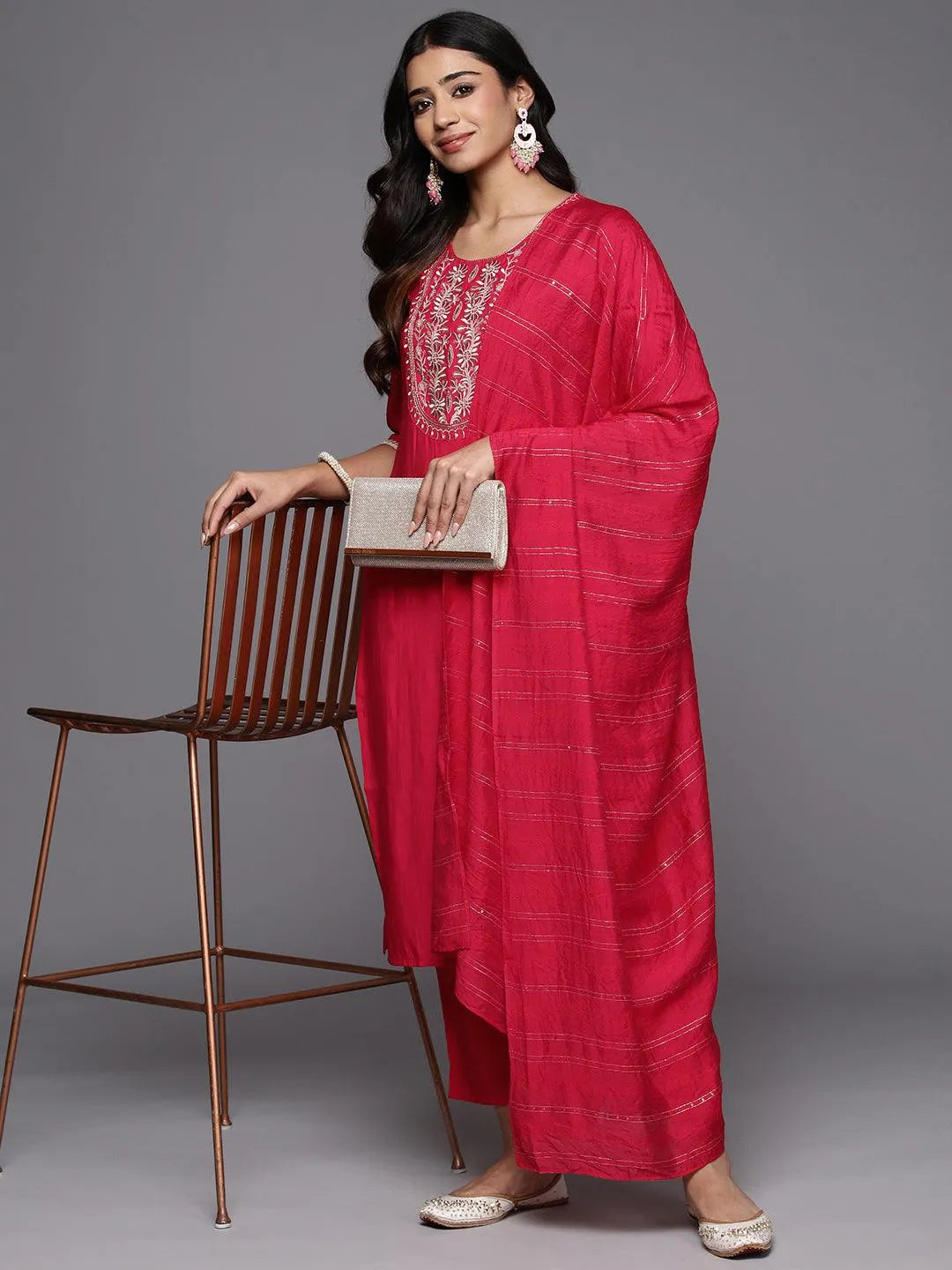 Anouk Pink Yoke Design Silk Blend Straight Suit With Dupatta
