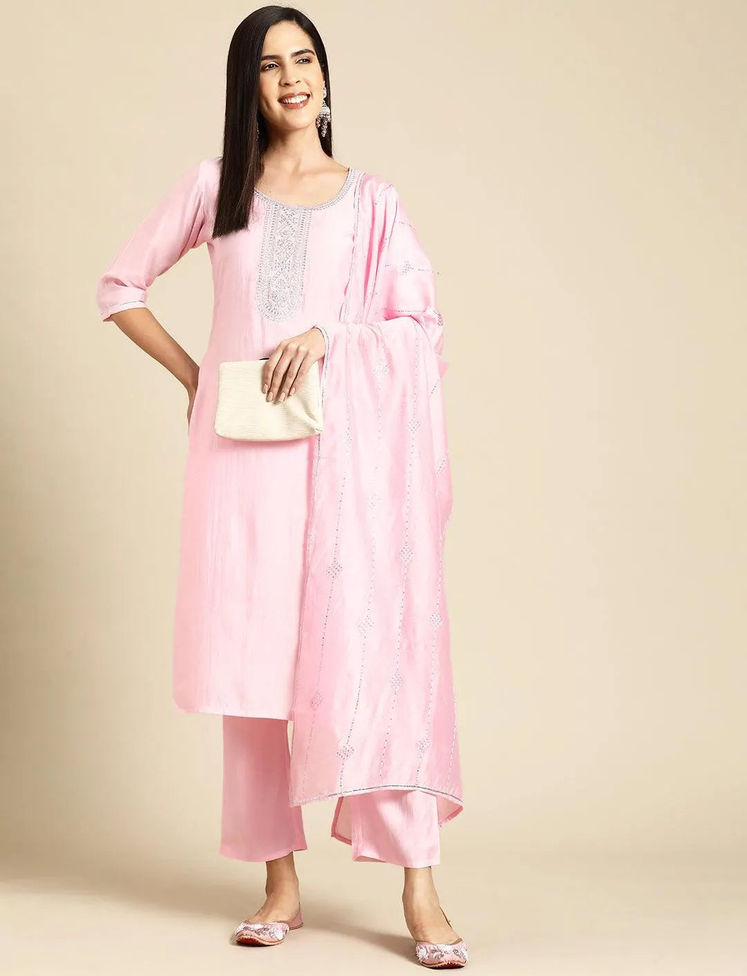 Anouk Pink Yoke Design Silk Blend Straight Suit With Dupatta