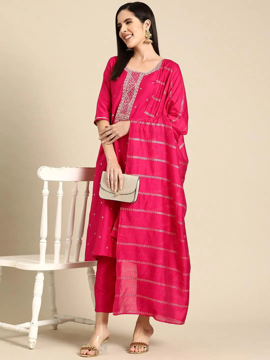Anouk Pink Yoke Design Silk Blend Straight Suit With Dupatta