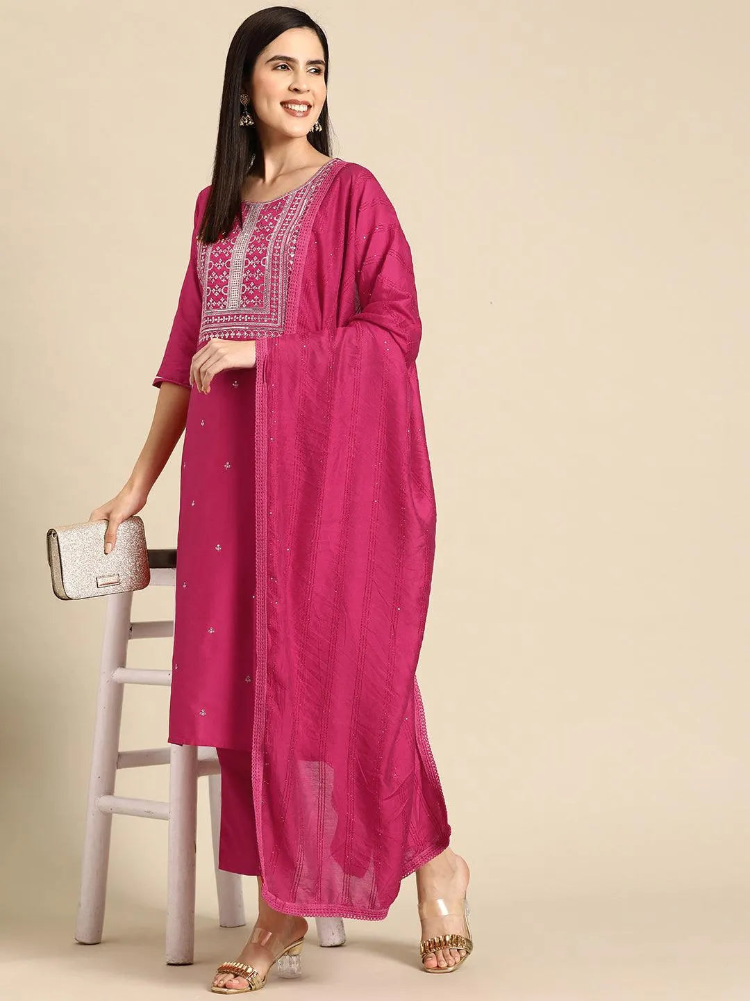 Anouk Pink Yoke Design Silk Blend Straight Suit With Dupatta