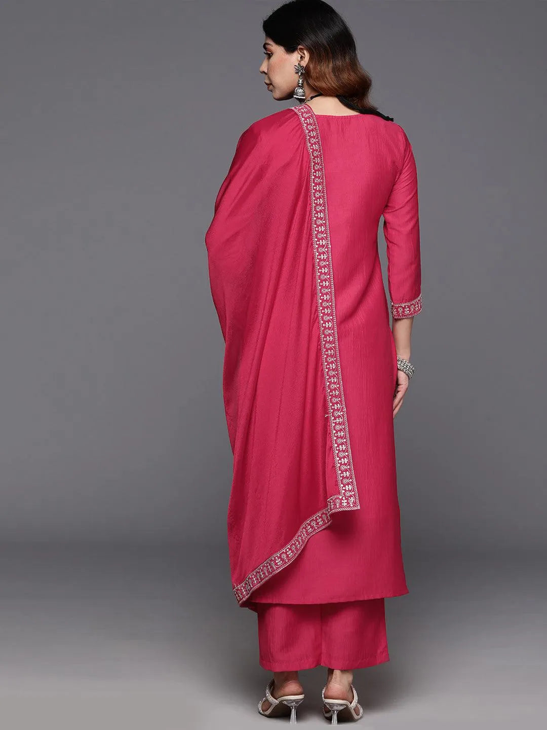 Anouk Pink Yoke Design Silk Blend Straight Suit With Dupatta