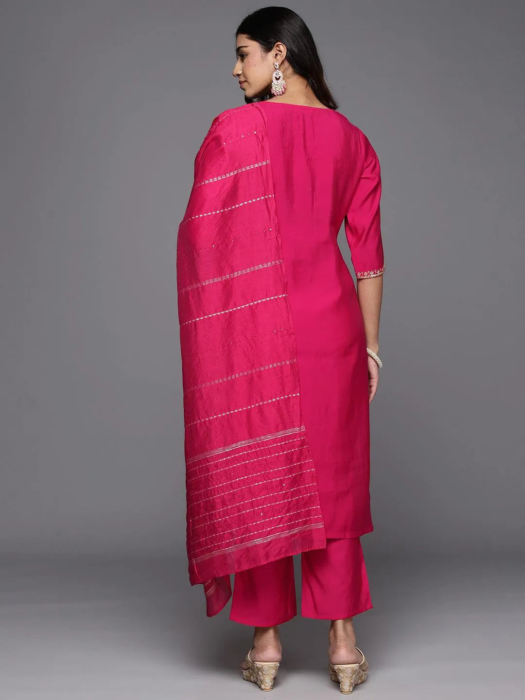 Anouk Pink Yoke Design Silk Blend Straight Suit With Dupatta