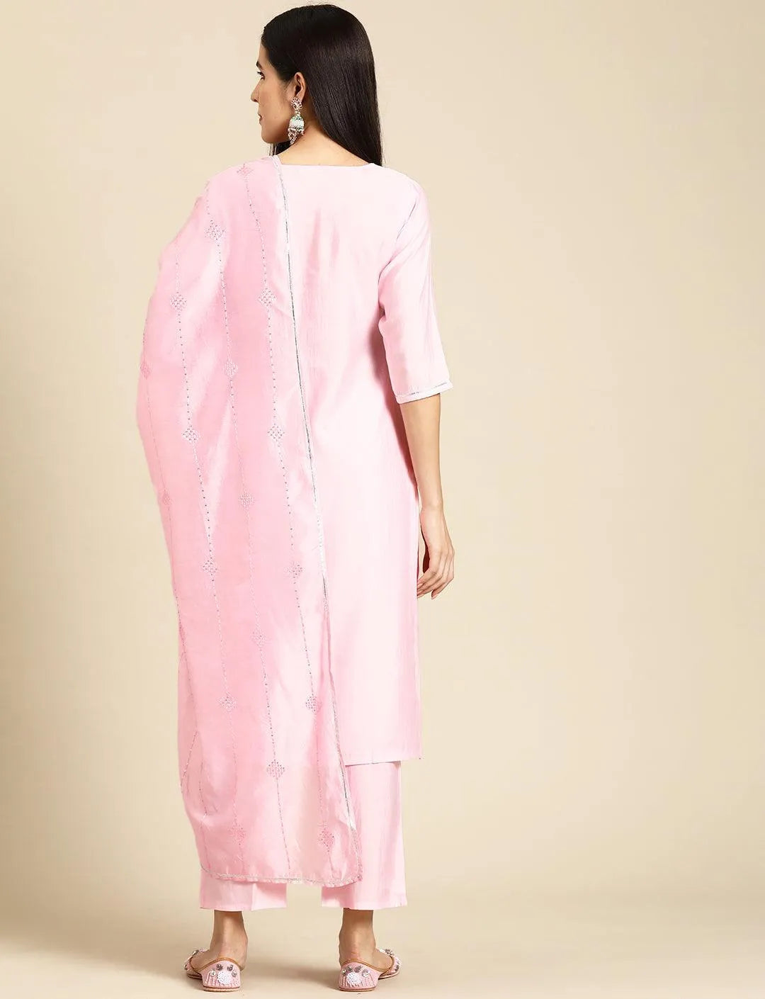 Anouk Pink Yoke Design Silk Blend Straight Suit With Dupatta