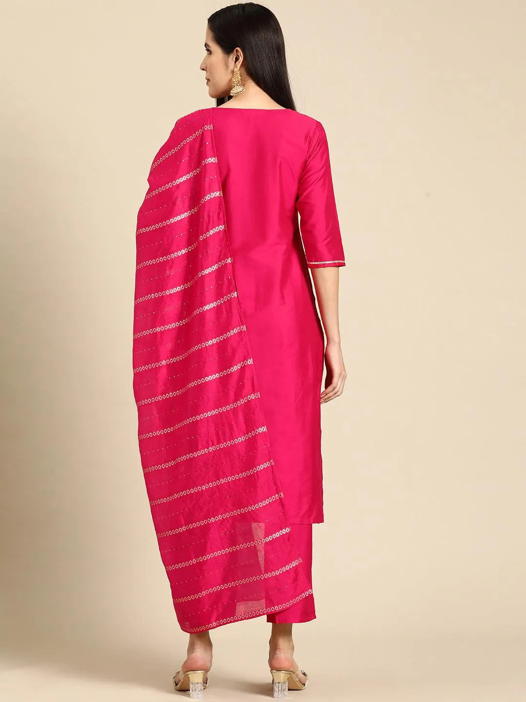 Anouk Pink Yoke Design Silk Blend Straight Suit With Dupatta