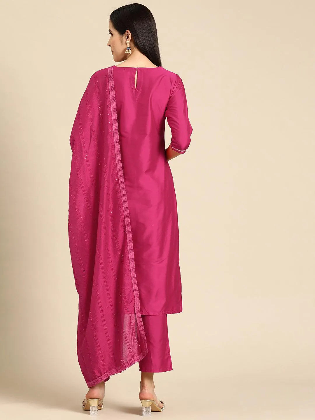 Anouk Pink Yoke Design Silk Blend Straight Suit With Dupatta