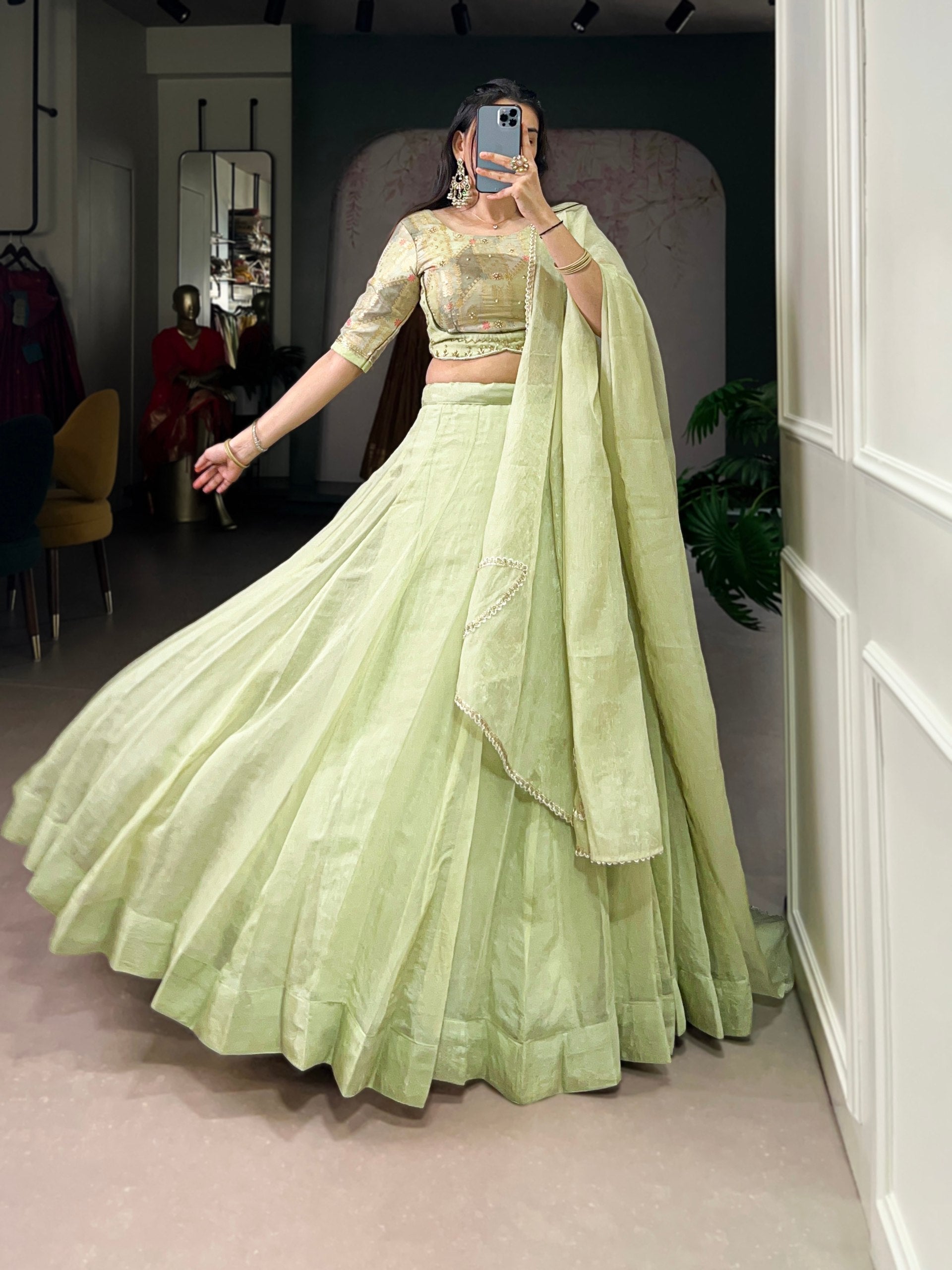 Pista Allen Crush Stitched Lehenga Choli Set with Sequins & Beads Work Blouse and Designer Lace Dupatta – Ready to Wear