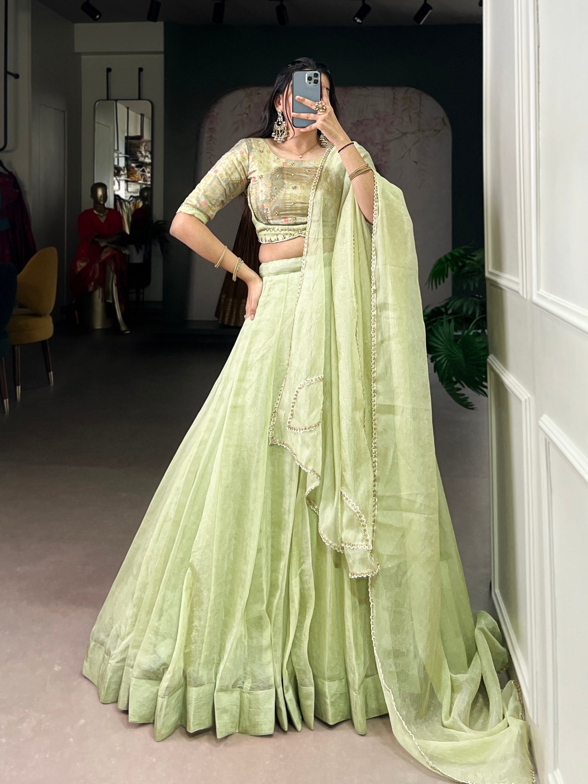 Pista Allen Crush Stitched Lehenga Choli Set with Sequins & Beads Work Blouse and Designer Lace Dupatta – Ready to Wear
