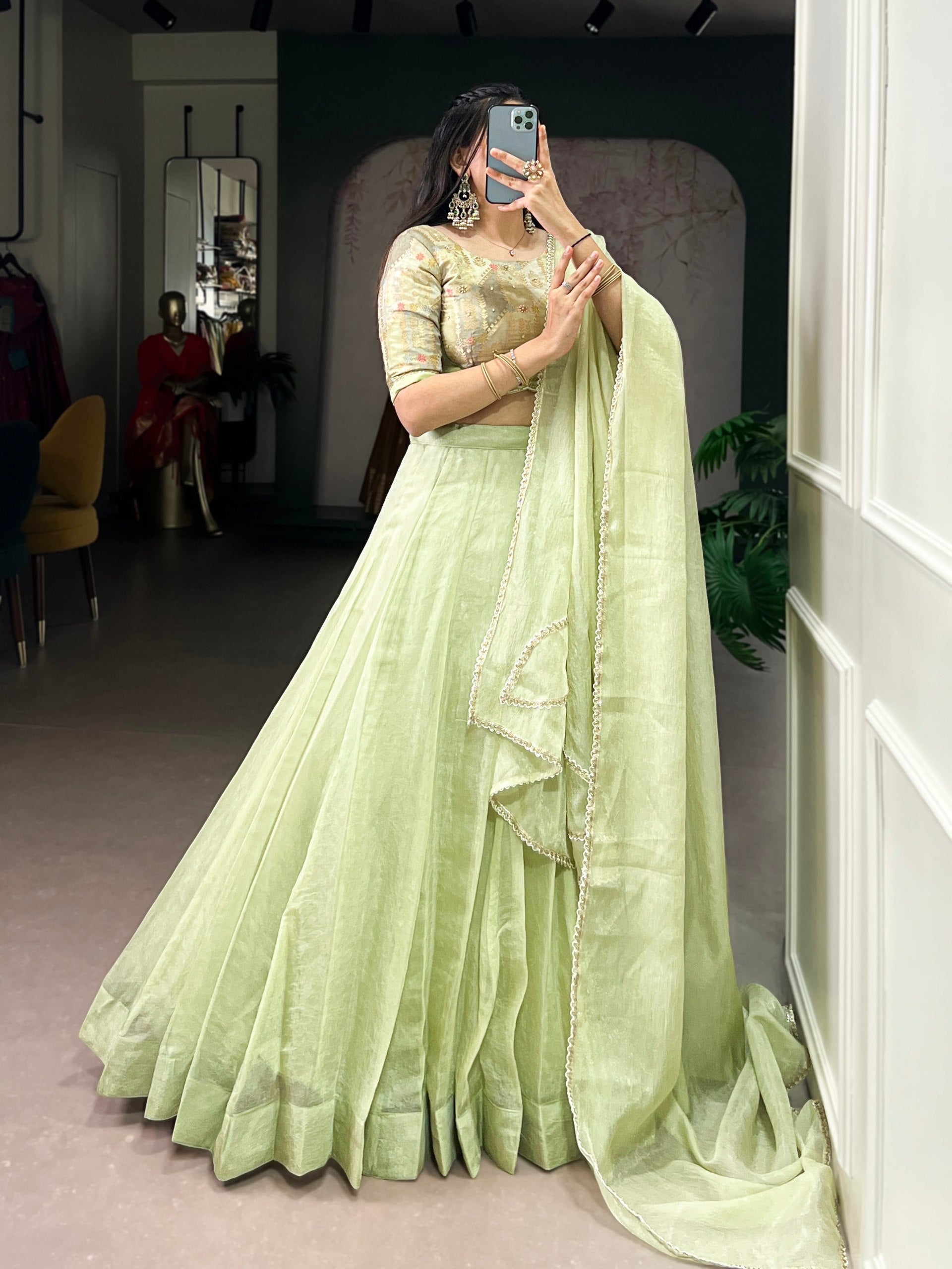 Pista Allen Crush Stitched Lehenga Choli Set with Sequins & Beads Work Blouse and Designer Lace Dupatta – Ready to Wear