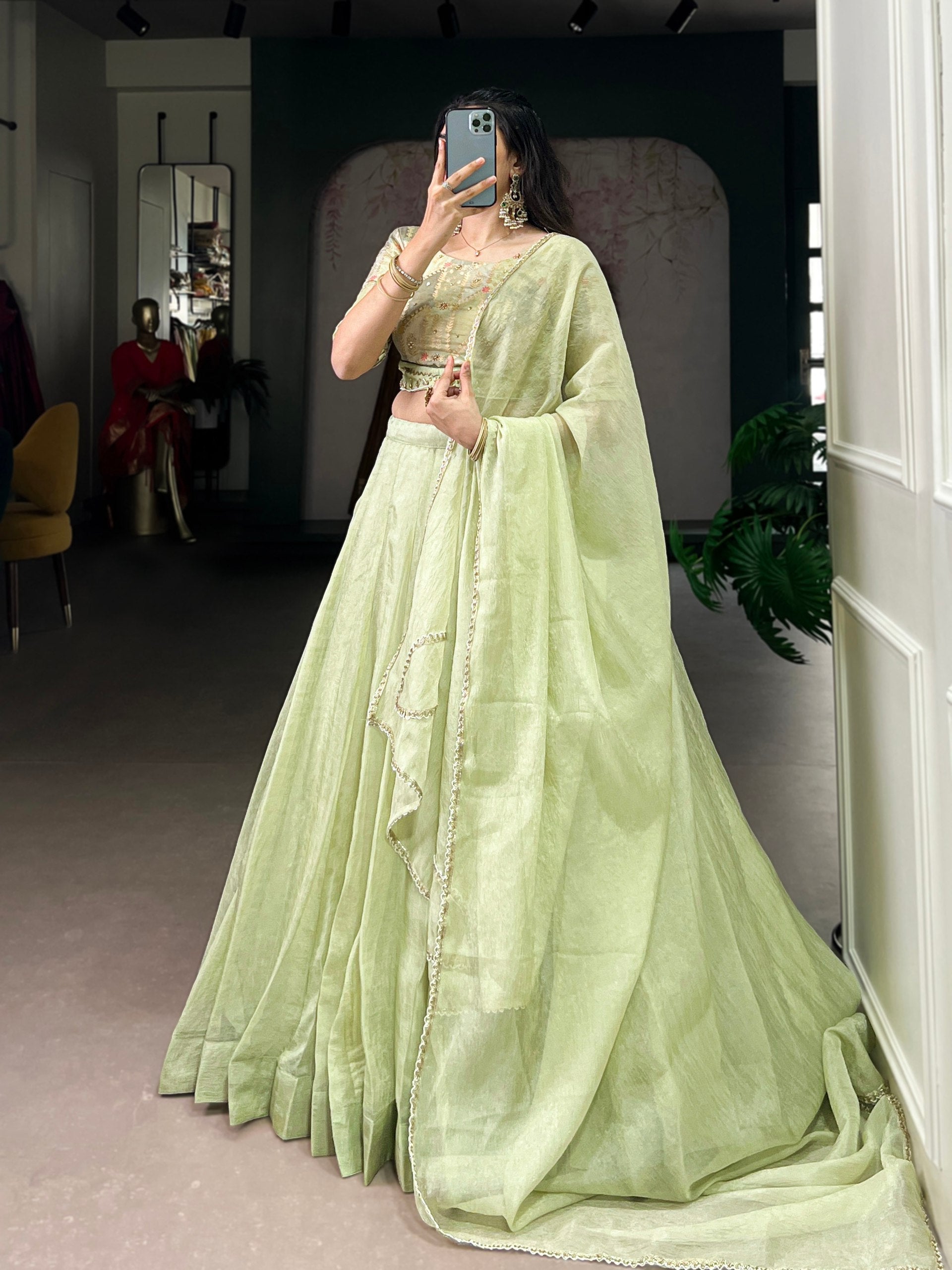 Pista Allen Crush Stitched Lehenga Choli Set with Sequins & Beads Work Blouse and Designer Lace Dupatta – Ready to Wear