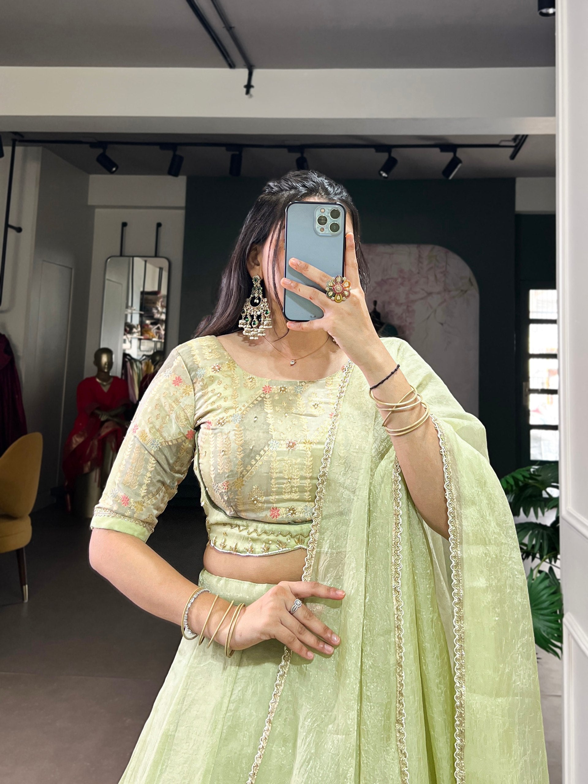 Pista Allen Crush Stitched Lehenga Choli Set with Sequins & Beads Work Blouse and Designer Lace Dupatta – Ready to Wear