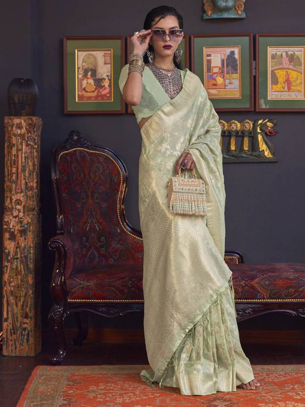 Pista Banarasi Silk Blend Saree with Bidri Work & Zari Buta – Gold Accents & Tassel Detailing