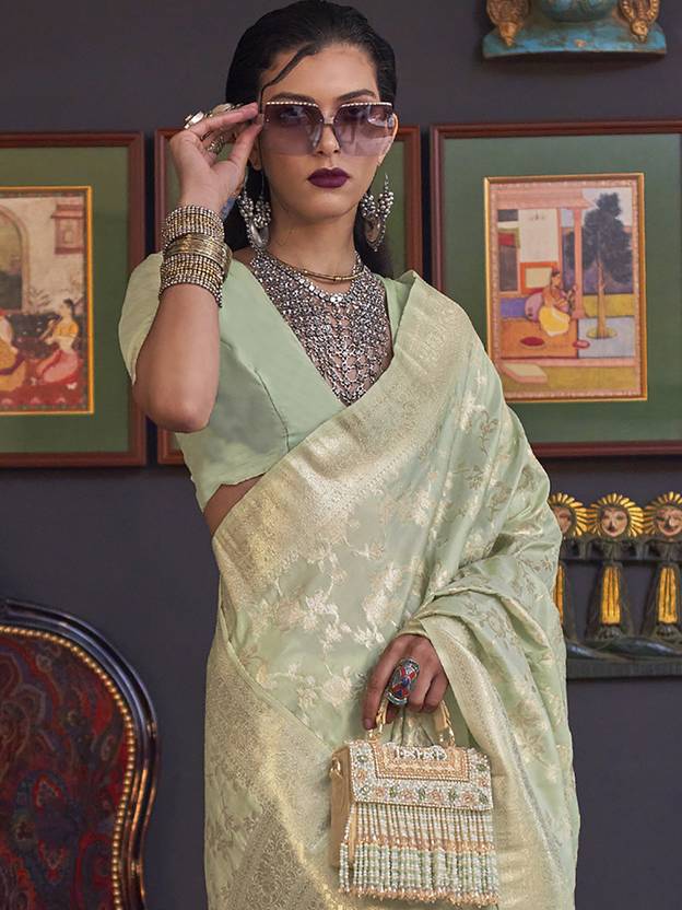 Pista Banarasi Silk Blend Saree with Bidri Work & Zari Buta – Gold Accents & Tassel Detailing
