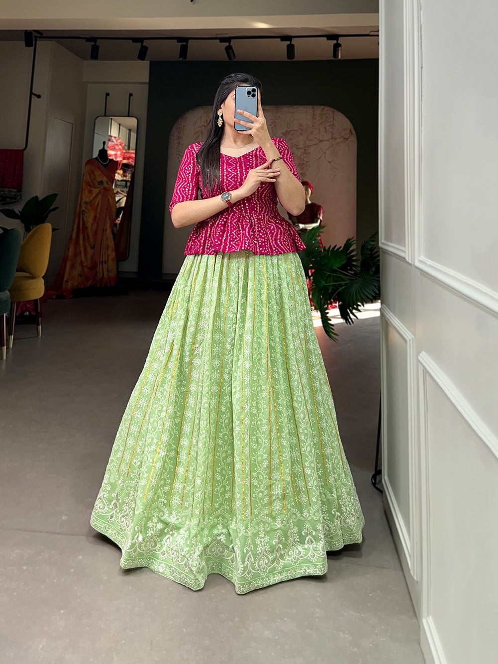 Pista Color Lucknowi Thread Work Georgette Lehenga With Foil And Printed Choli