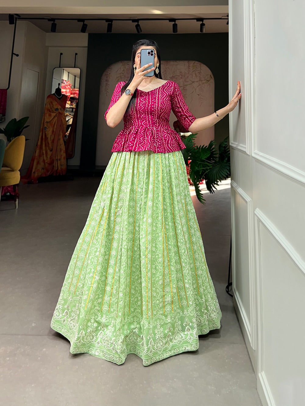 Pista Color Lucknowi Thread Work Georgette Lehenga With Foil And Printed Choli