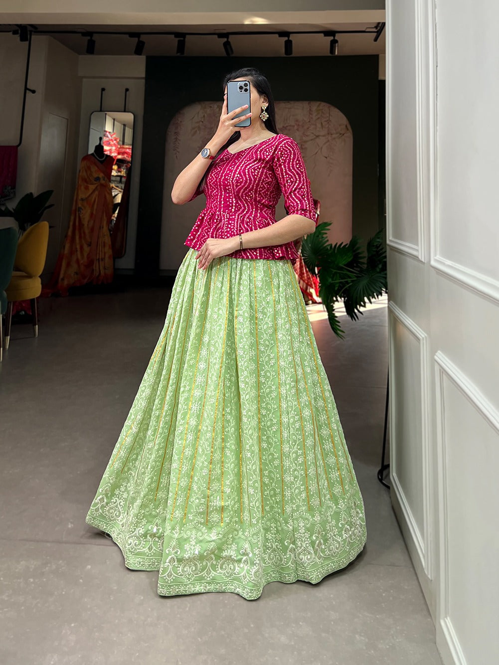 Pista Color Lucknowi Thread Work Georgette Lehenga With Foil And Printed Choli