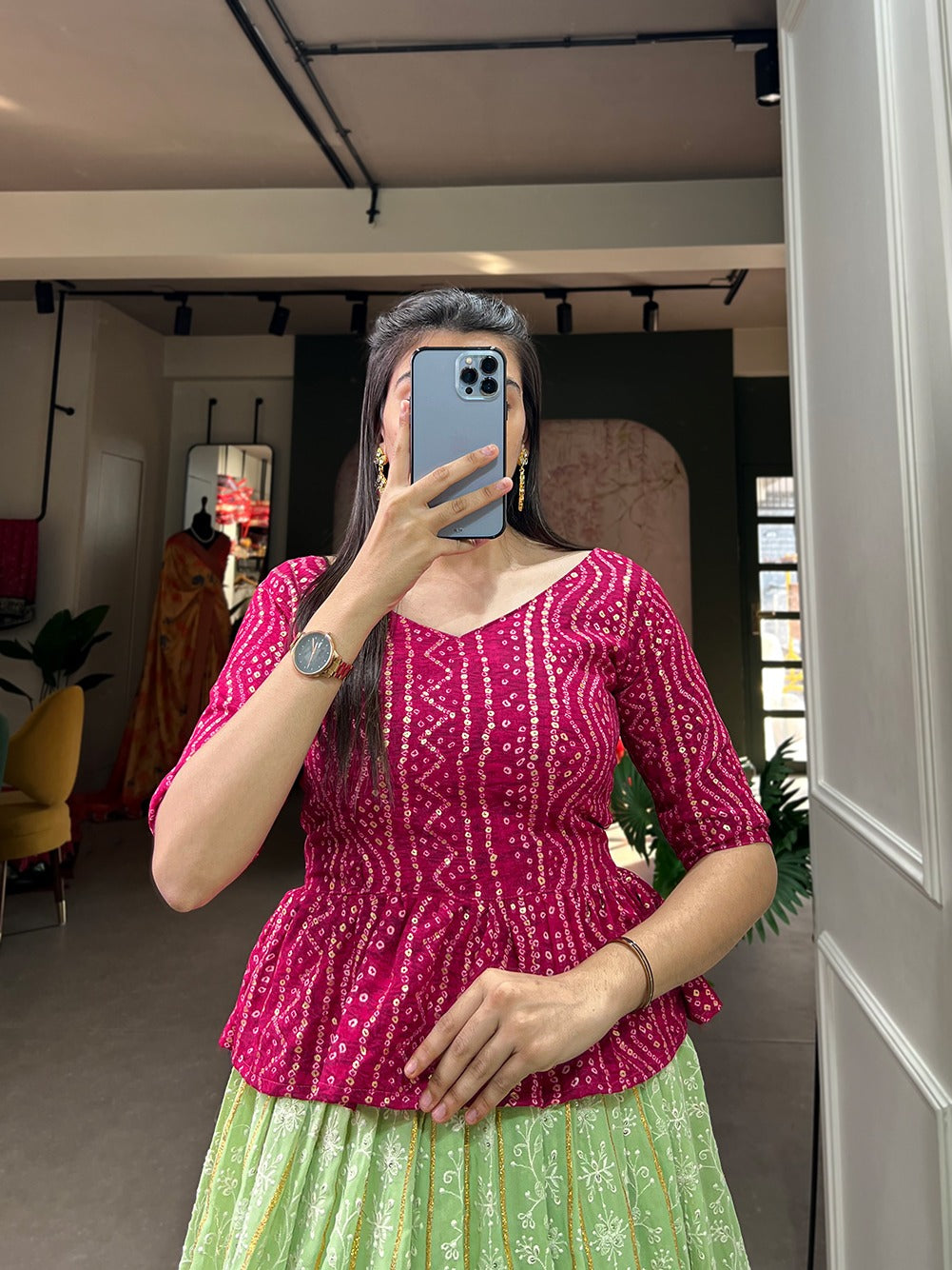Pista Color Lucknowi Thread Work Georgette Lehenga With Foil And Printed Choli