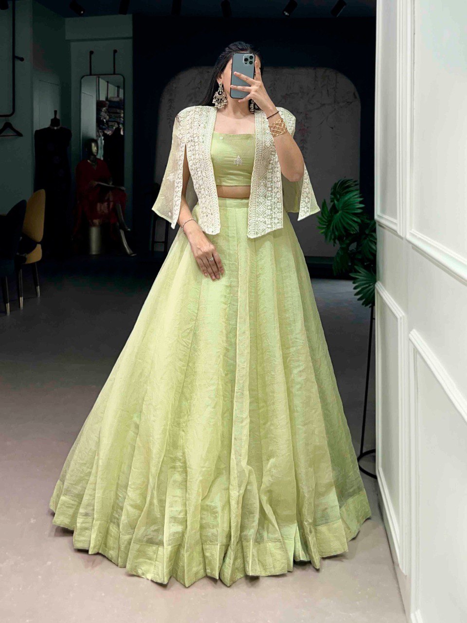 Pista Crush Lehenga Set with Designer Koti