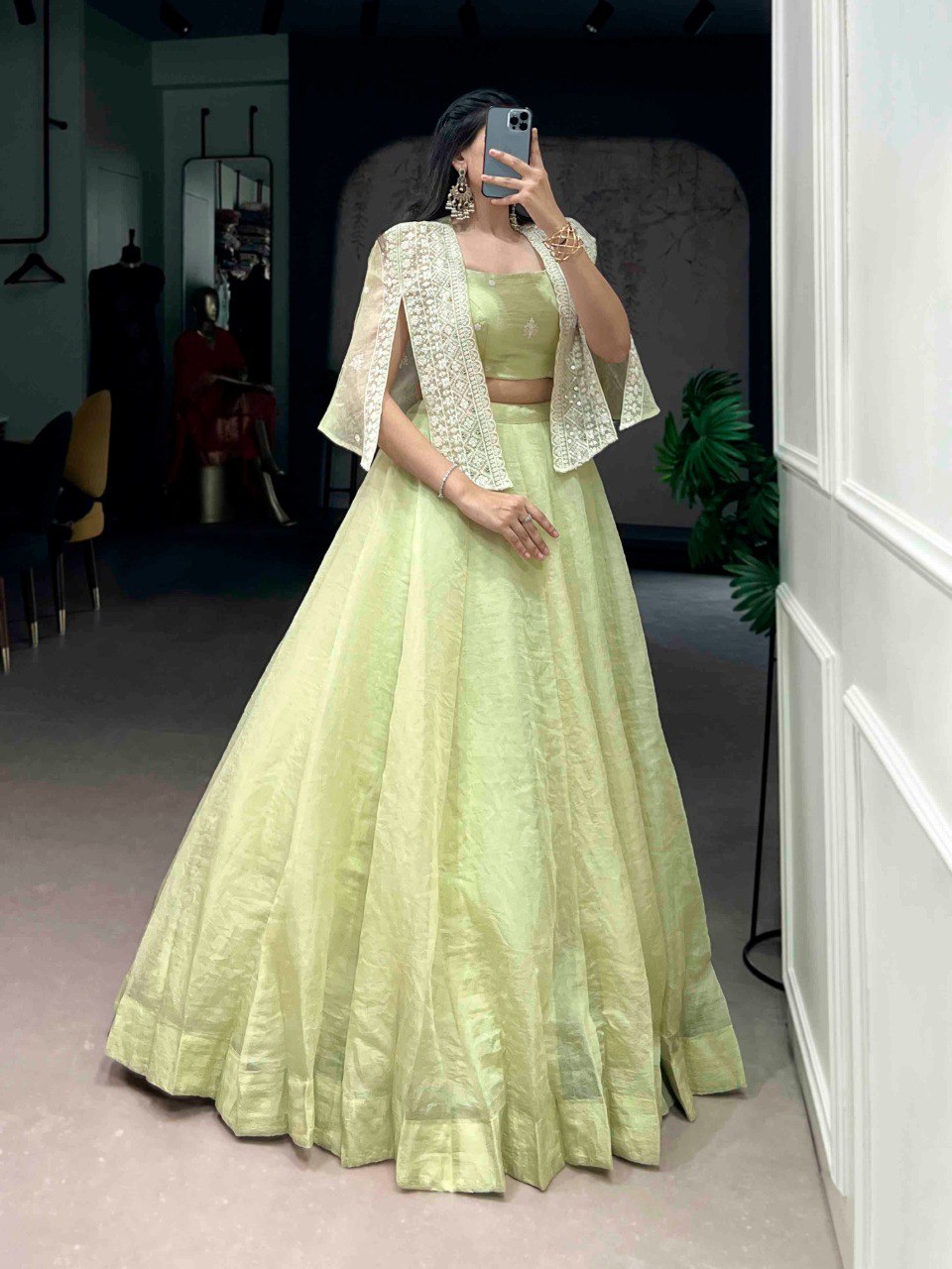 Pista Crush Lehenga Set with Designer Koti