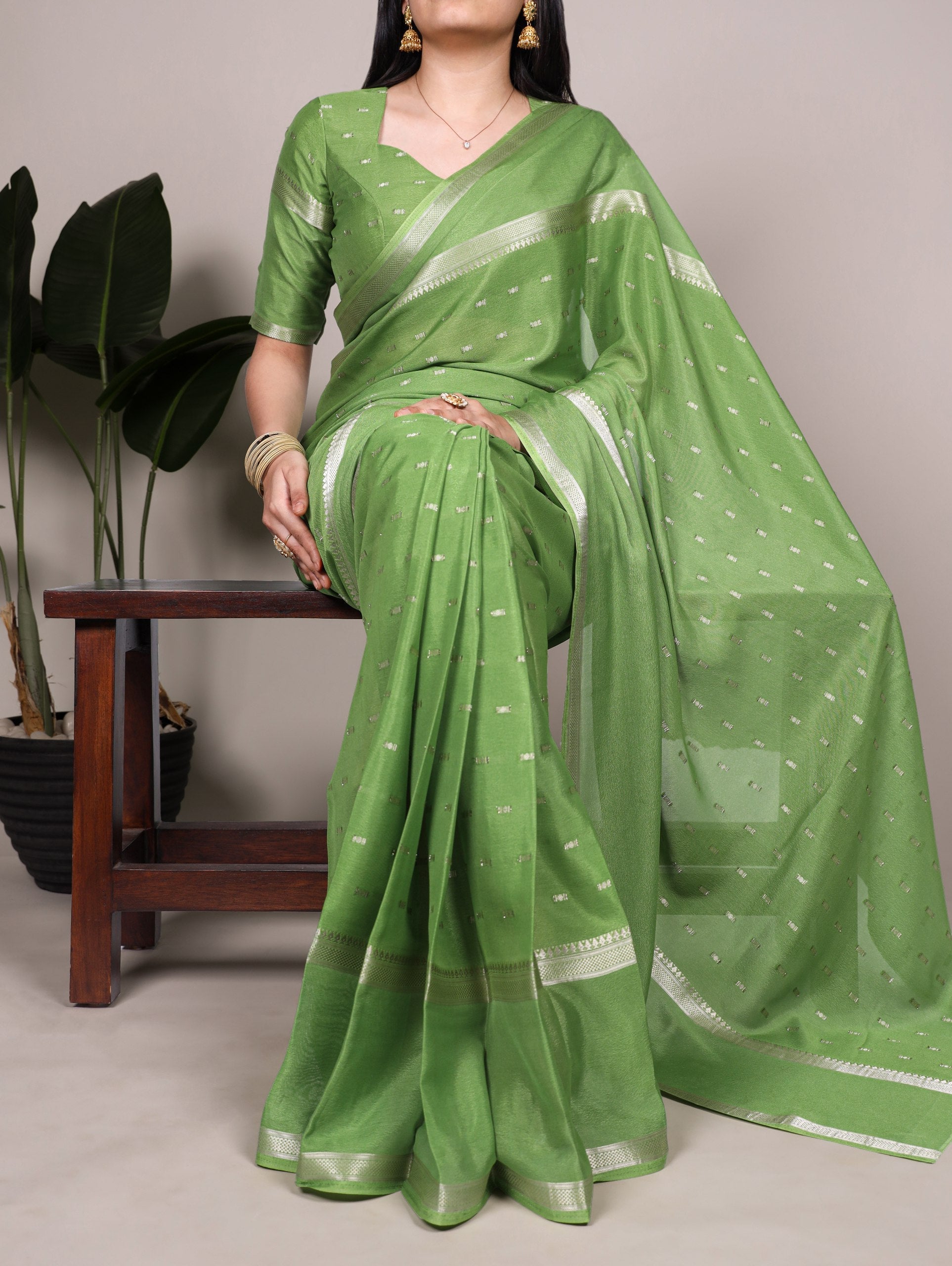 Pista Designer Crepe Weaving Saree with Matching Unstitched Crepe Blouse – Elegant Traditional Wear