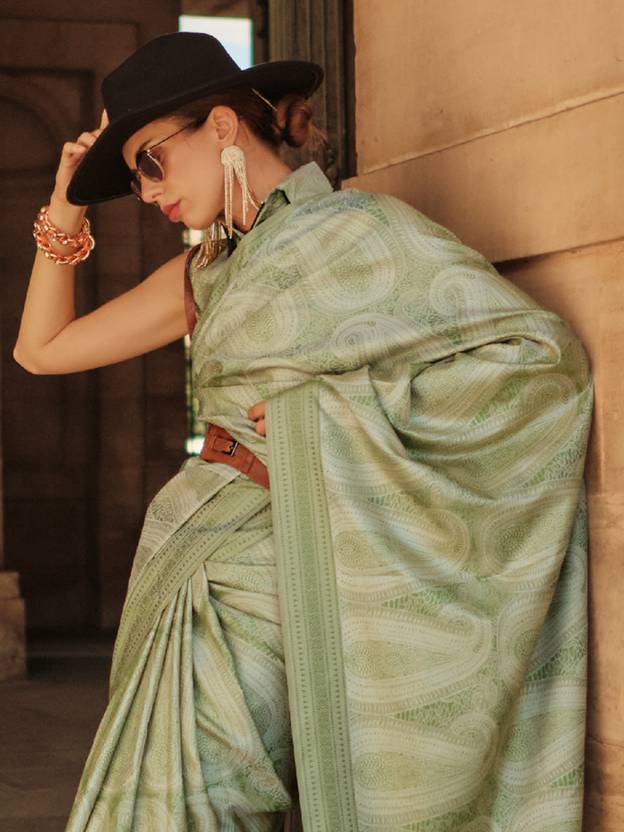 Pista Elegant Banarasi Silk Blend Woven Saree with Tassel Detailing