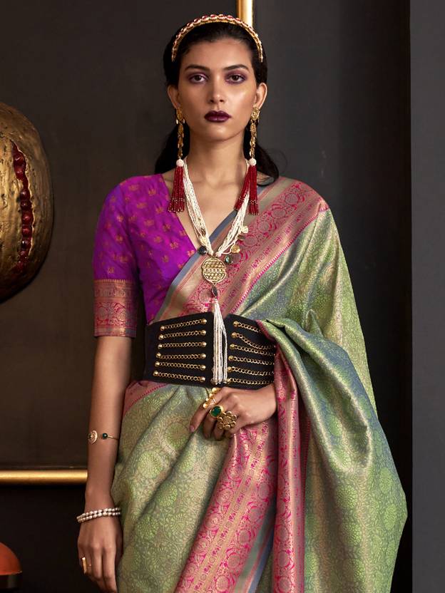 Pista Elegant Banarasi Silk Blend Woven Saree with Tassel Detailing