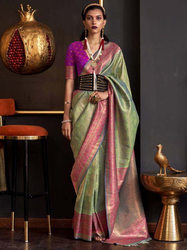 Pista Elegant Banarasi Silk Blend Woven Saree with Tassel Detailing