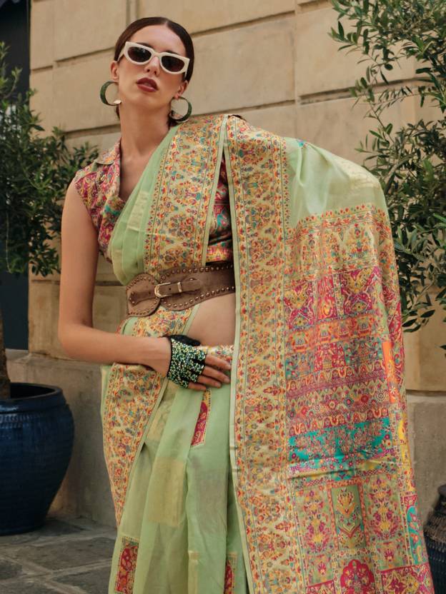 Pista Elegant Banarasi Silk Blend Woven Saree with Unstitched Blouse Piece