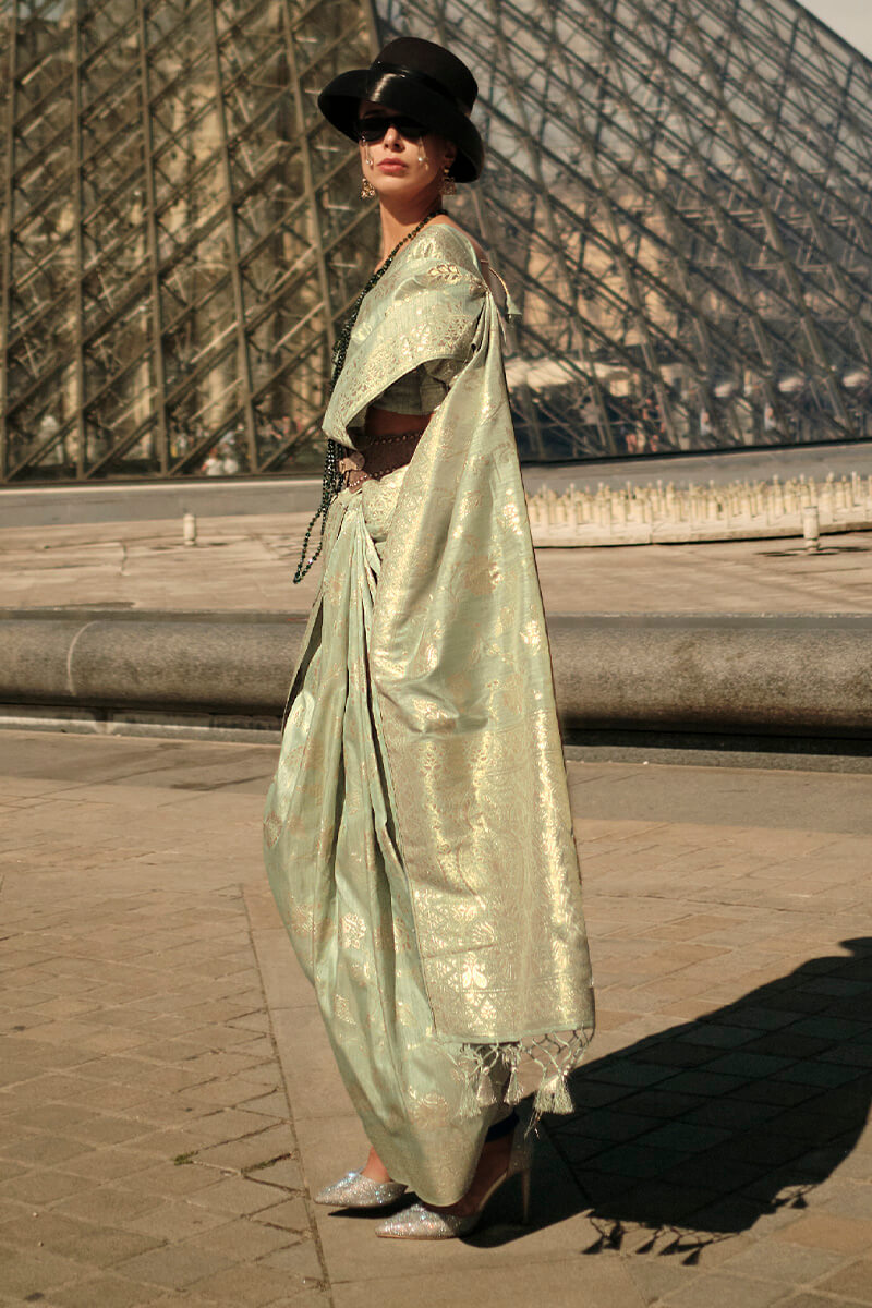 Pista Elegant Banarasi Silk Saree with Zari Weaving Blouse Pieces