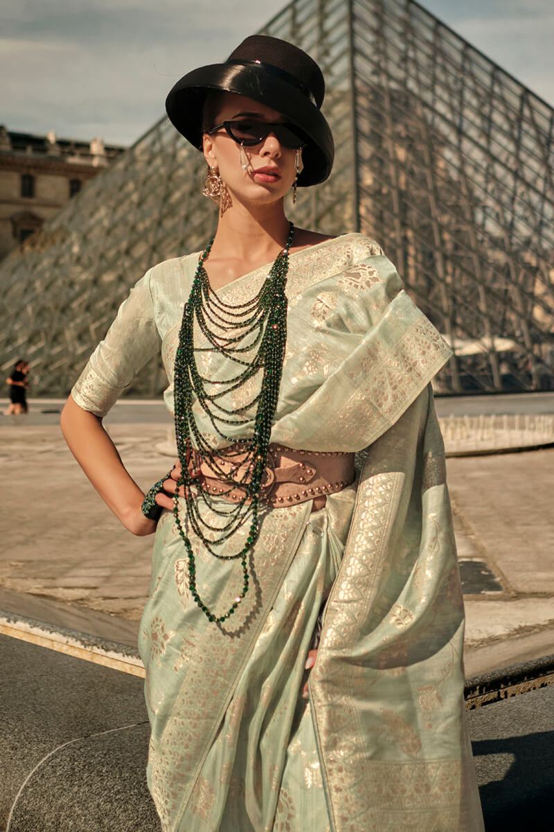 Pista Elegant Banarasi Silk Saree with Zari Weaving Blouse Pieces