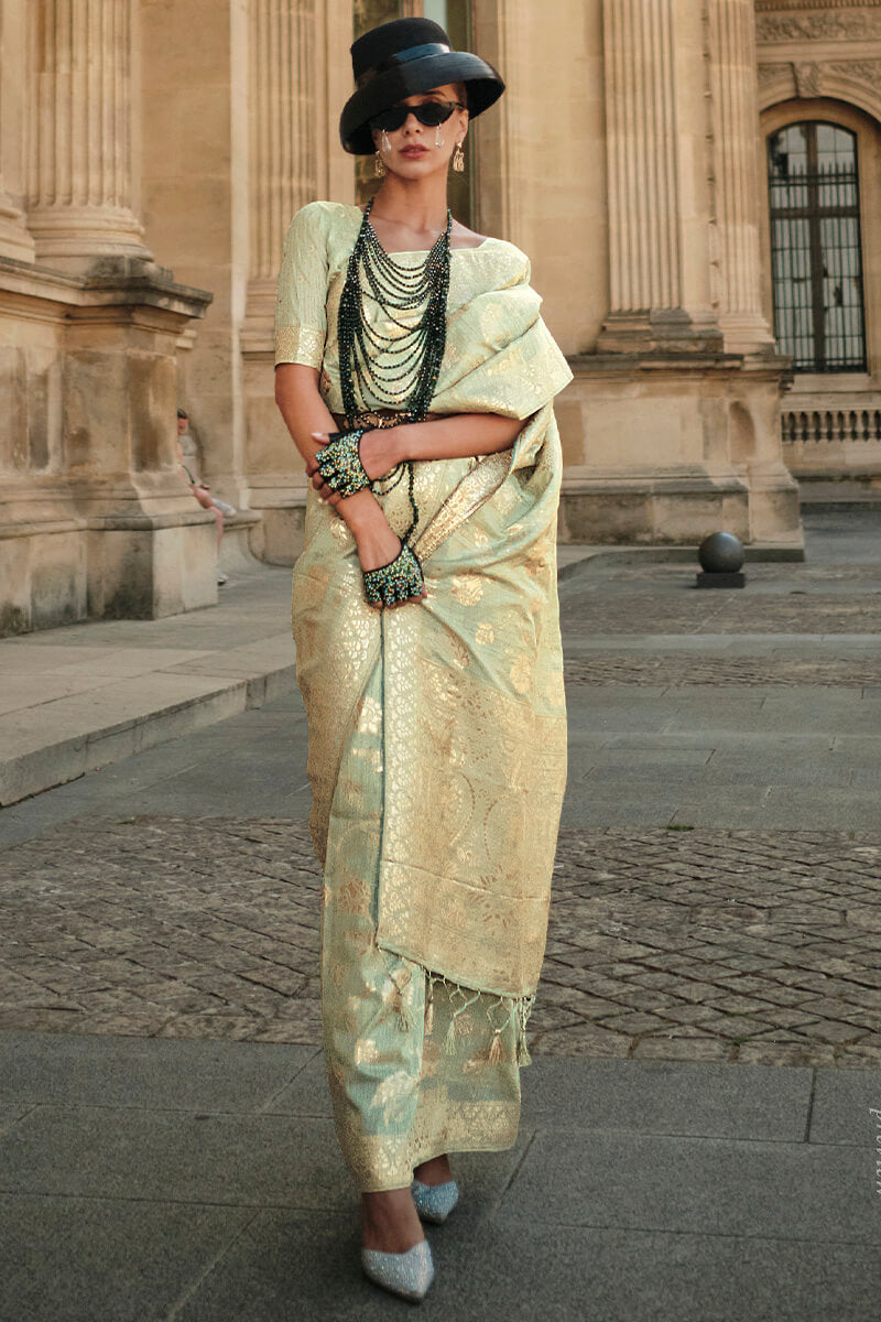 Pista Elegant Banarasi Silk Saree with Zari Weaving Blouse Pieces