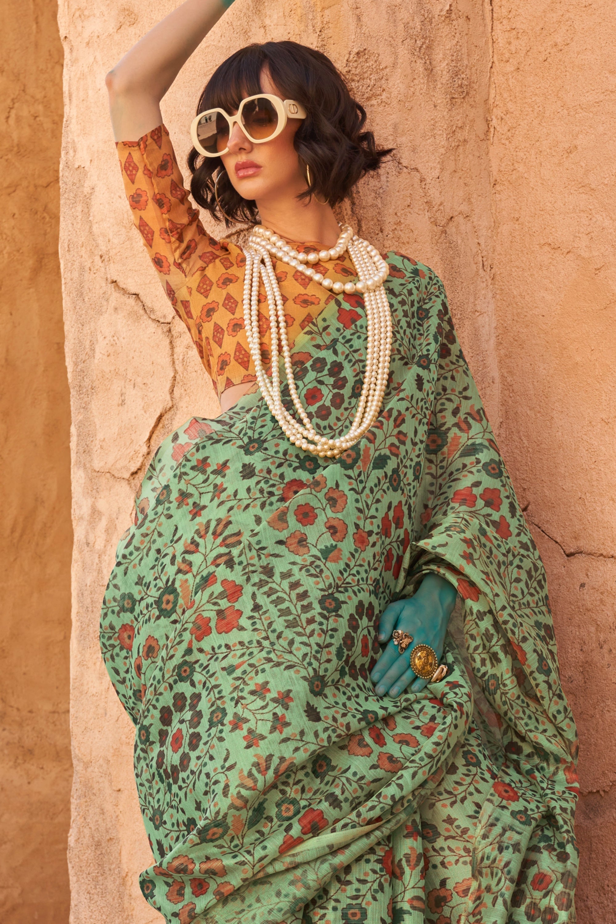 Pista Elegant Banarasi Tissue Saree with Unstitched Blouse Piece