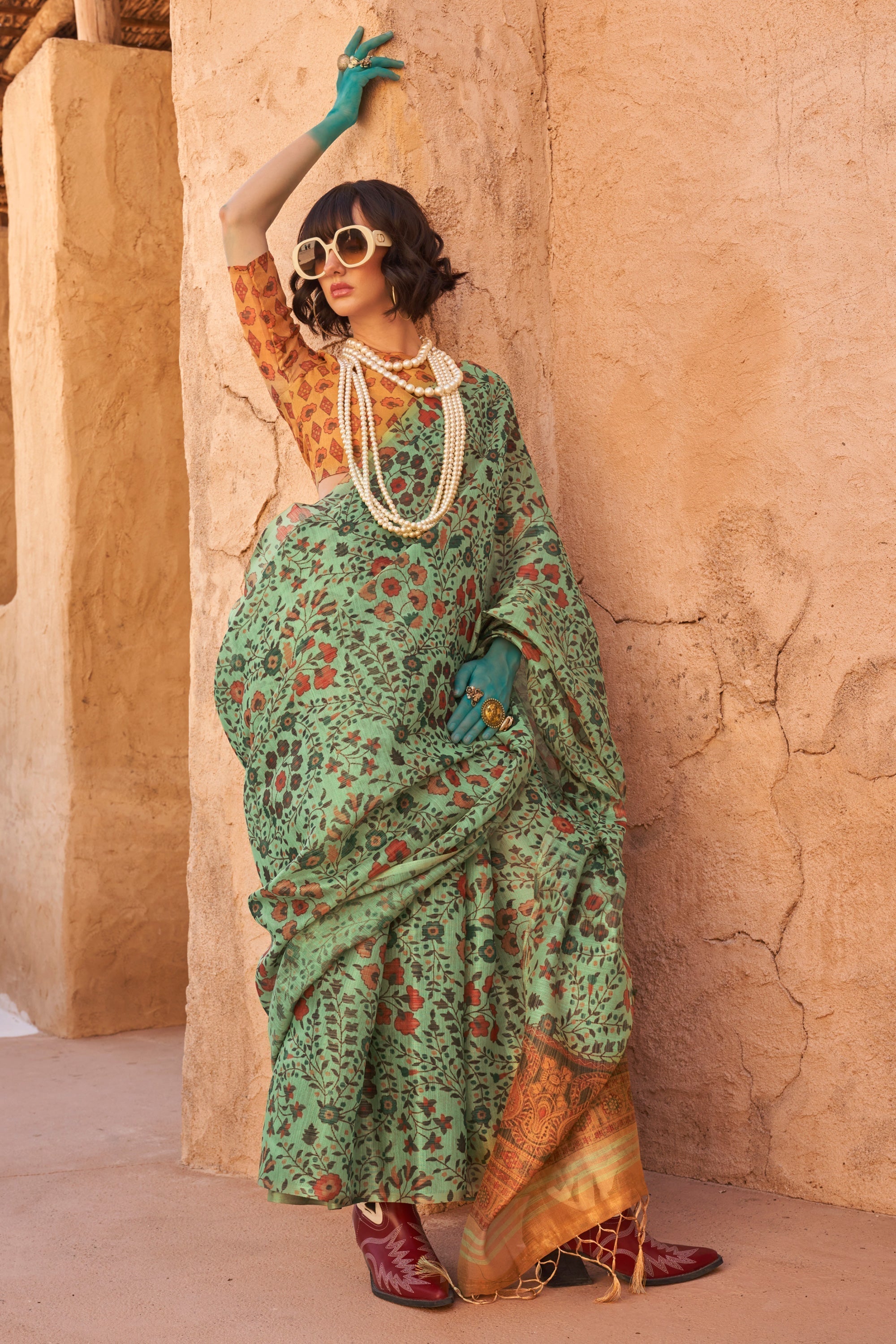 Pista Elegant Banarasi Tissue Saree with Unstitched Blouse Piece