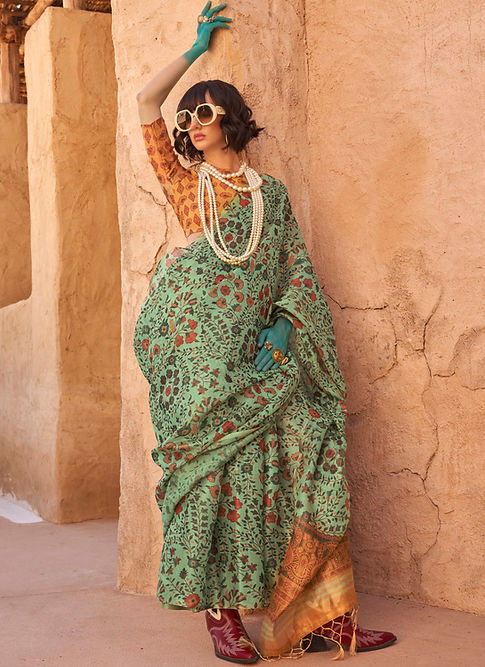 Pista Elegant Banarasi Tissue Saree with Unstitched Blouse Piece